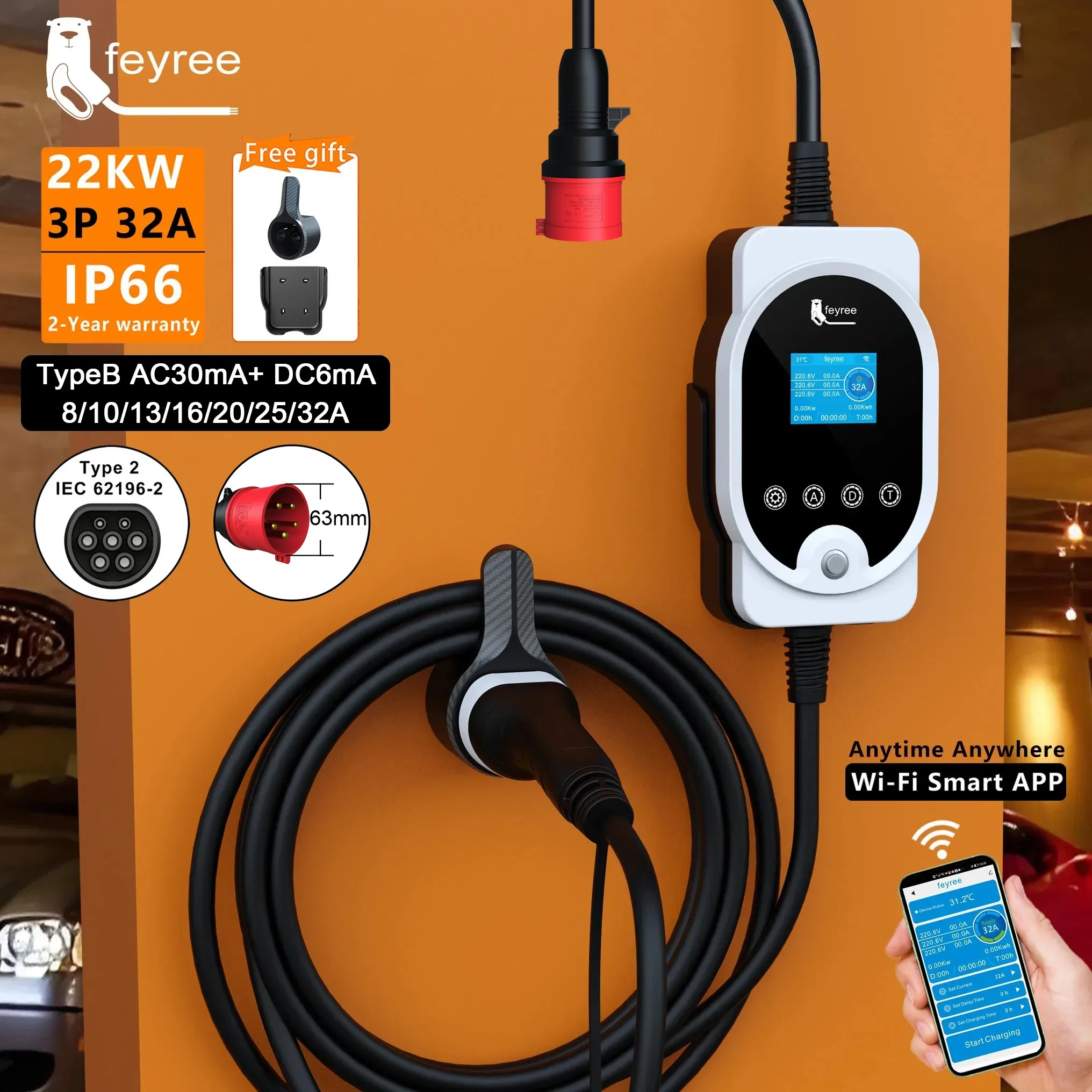 Feyree 22KW Type2 Cable EVSE W - Ev Charger Type 2 22Kw 32A 3 Phase review and price