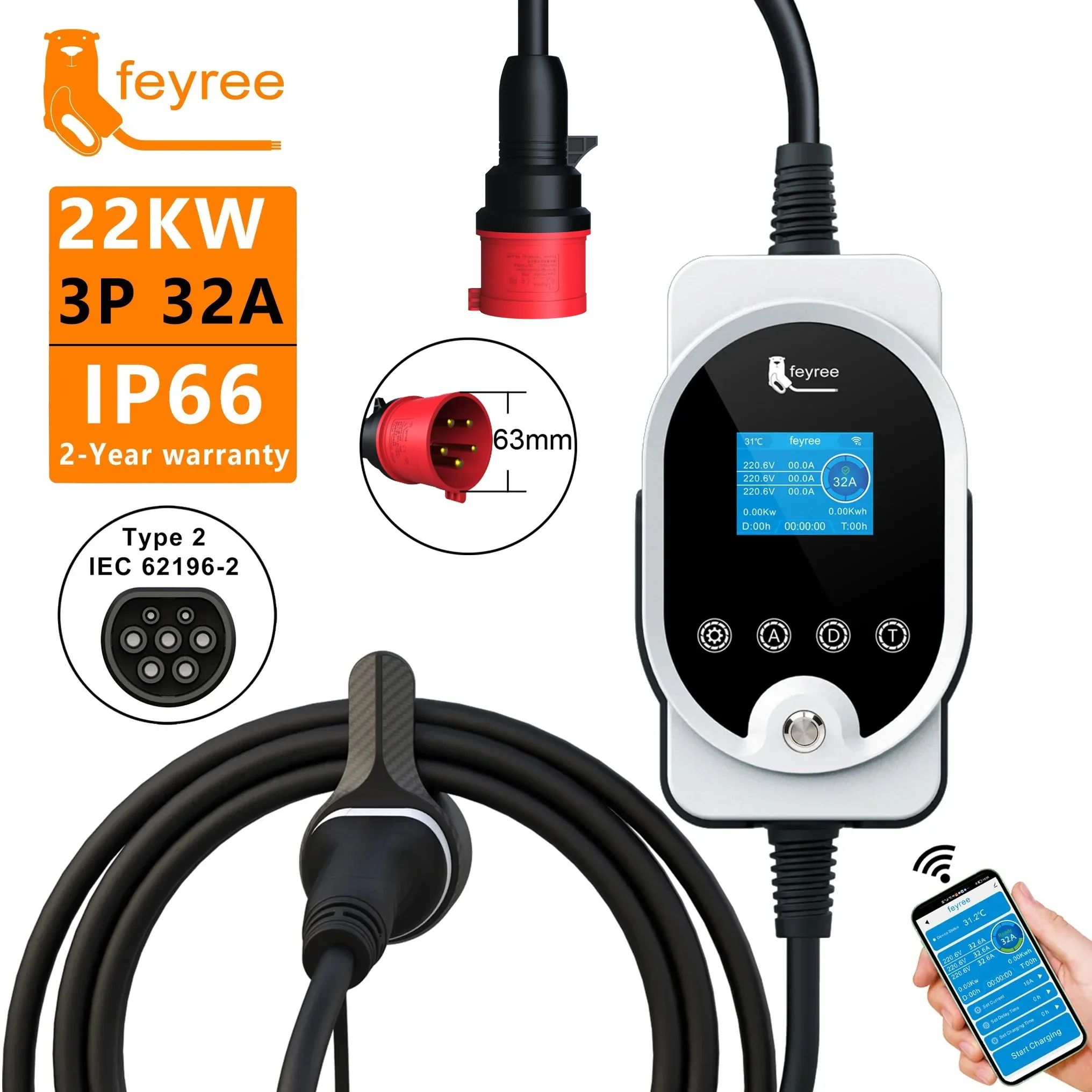 Feyree 22KW Type2 Cable EVSE W - Ev Charger Type 2 22Kw 32A 3 Phase review and price